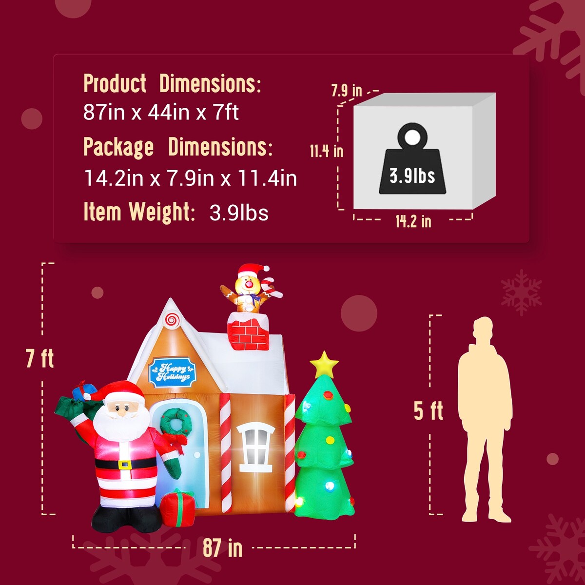 7ft Christmas Quick Air Blown Inflatable Decorations Gingerbread House with Santa Claus Blow Up Built-in LED - 79*40*84