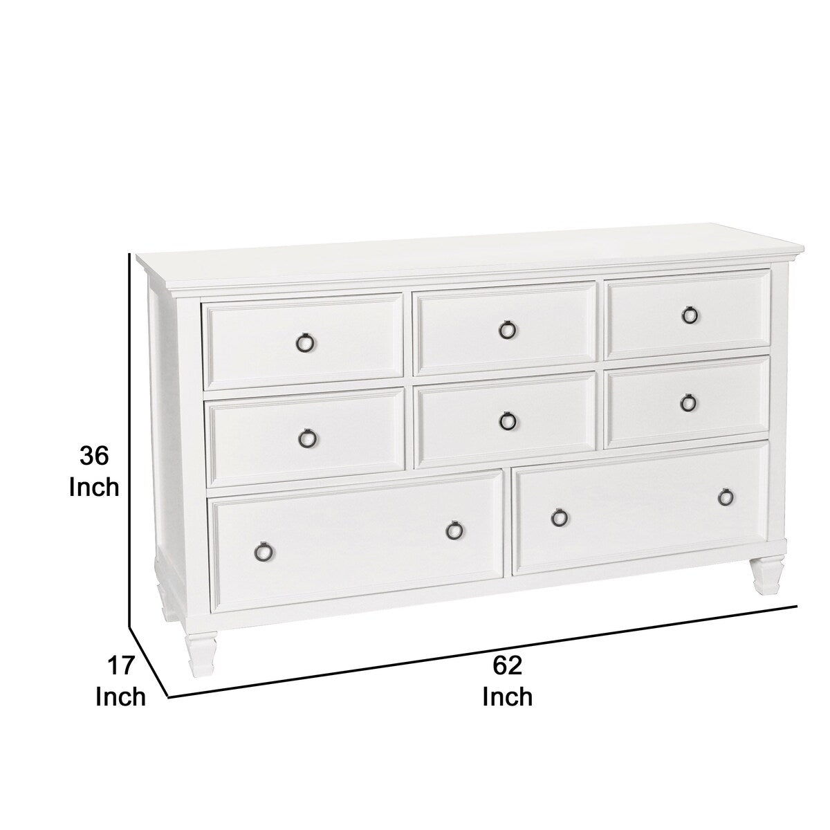 8 Drawer Wooden Dresser with Ring Pulls and Tapered Feet, White