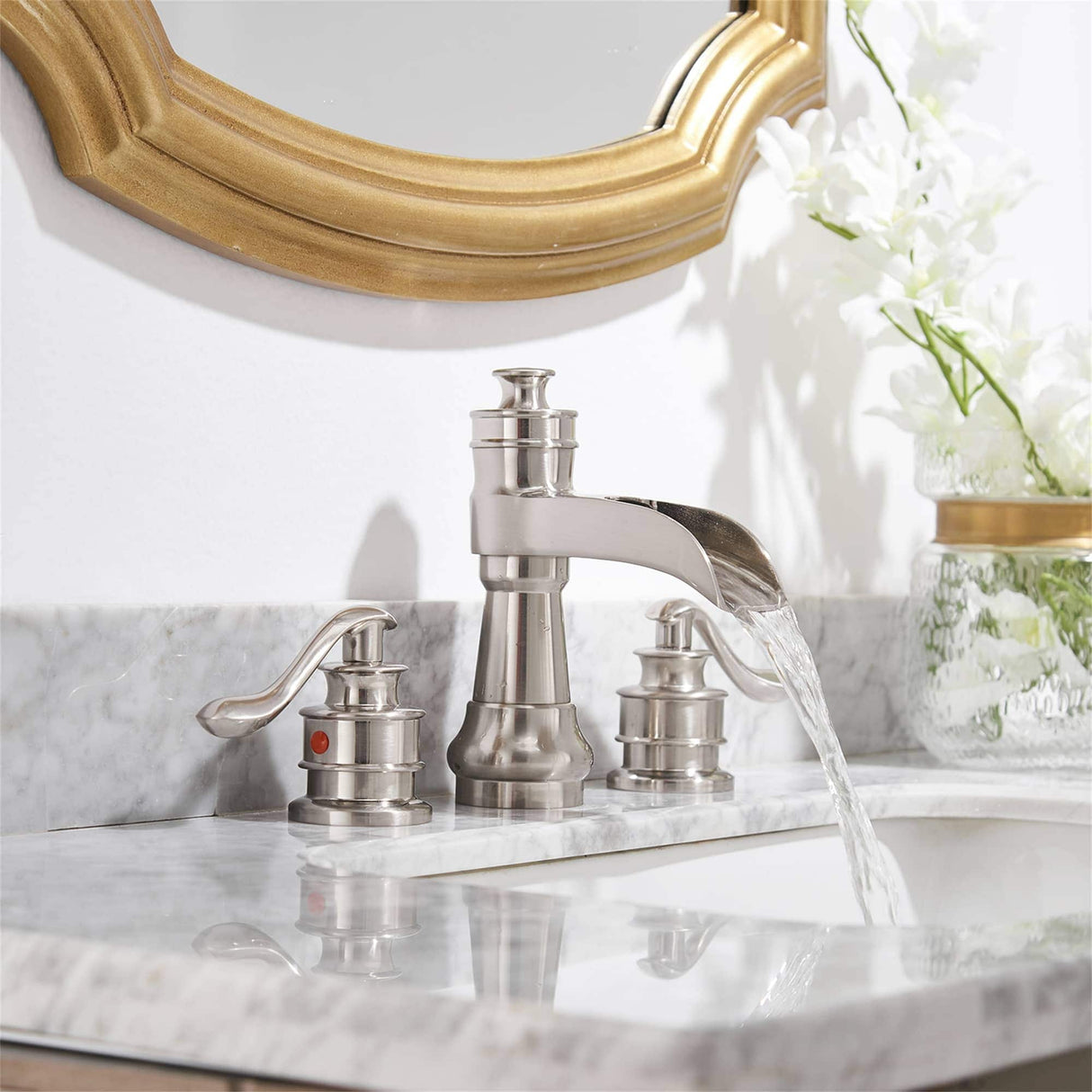 8 Inch Widespread Bathroom Faucet With Drain Assembly Double Handle Waterfall Bathroom Sink Faucets 3 Holes Elegent Basin Taps