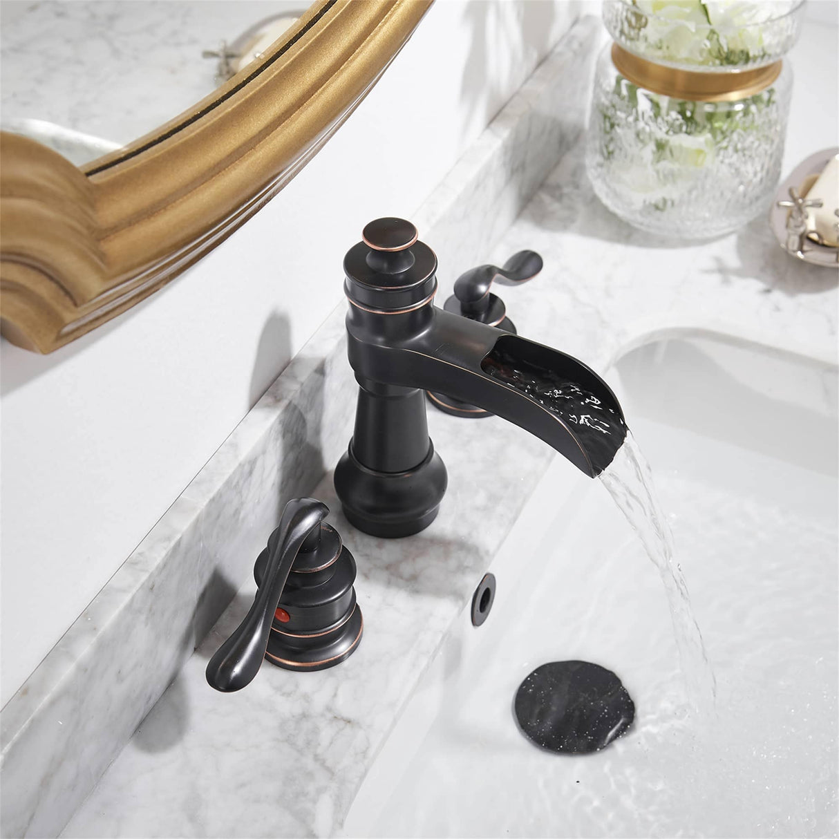 8 Inch Widespread Bathroom Faucet With Drain Assembly Double Handle Waterfall Bathroom Sink Faucets 3 Holes Elegent Basin Taps