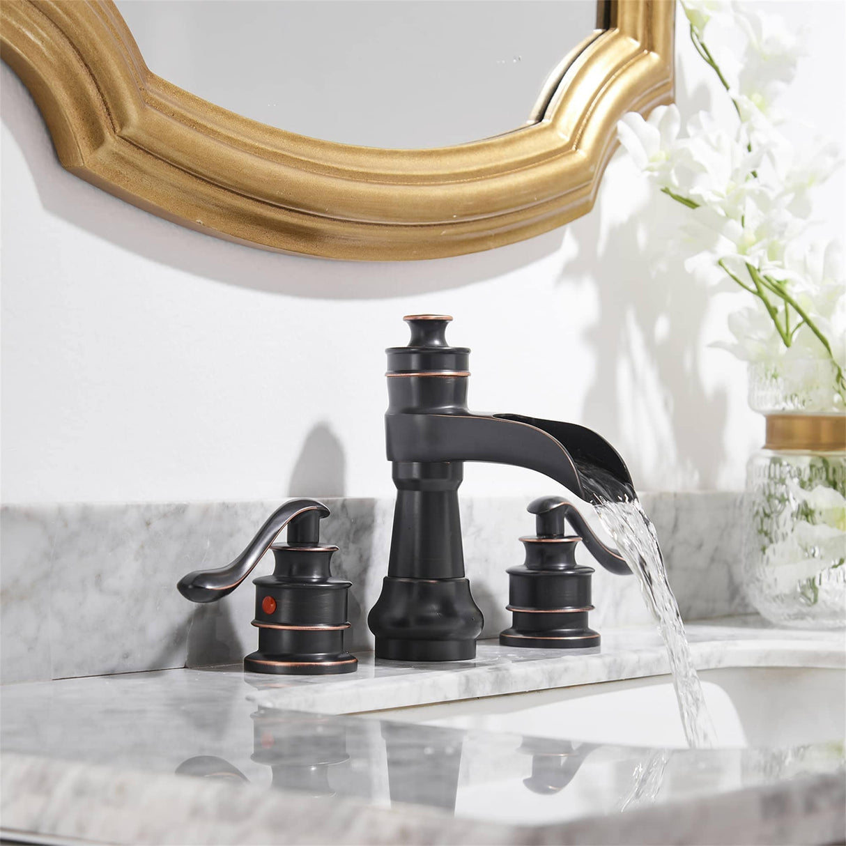 8 Inch Widespread Bathroom Faucet With Drain Assembly Double Handle Waterfall Bathroom Sink Faucets 3 Holes Elegent Basin Taps