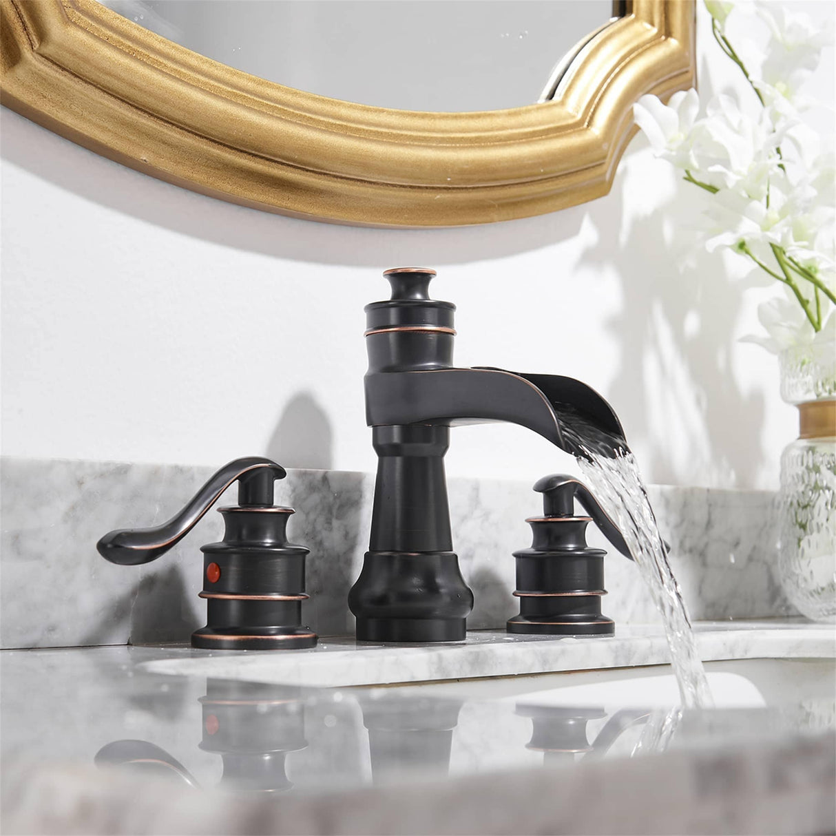 8 Inch Widespread Bathroom Faucet With Drain Assembly Double Handle Waterfall Bathroom Sink Faucets 3 Holes Elegent Basin Taps