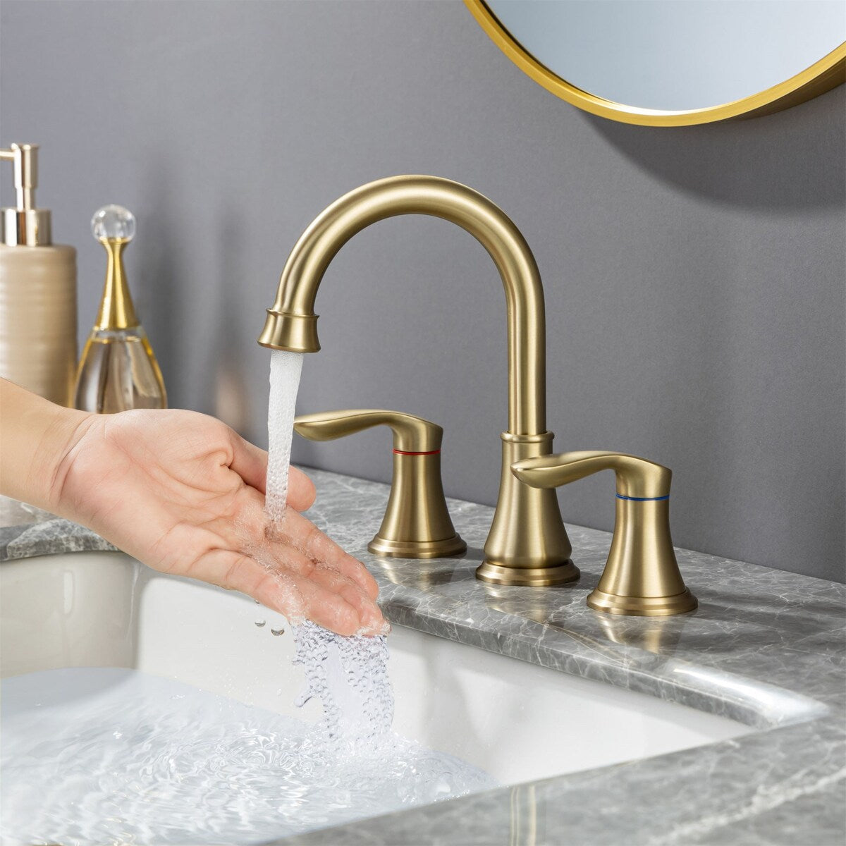 8 Inch Widespread Bathroom Faucet with Pop-up Drain Assembly Brushed Gold 3 Holes Bathroom Sink Faucet