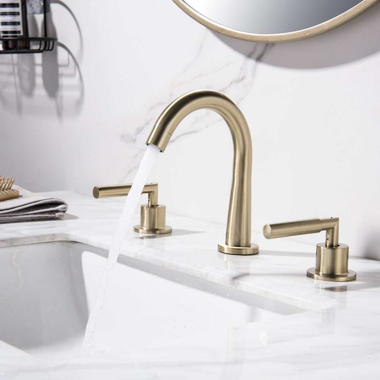 8 Inch Widespread Bathroom Sink Faucet Brushed Gold Bathroom Faucet 3 Holes Modern Double Handle Basin Vanity Taps With Valve