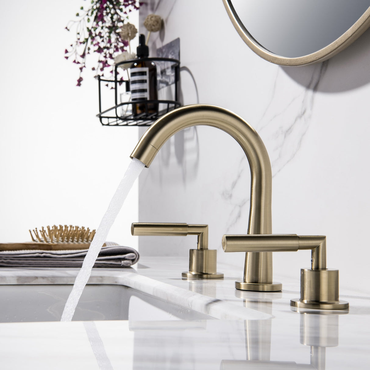 8 Inch Widespread Bathroom Sink Faucet Brushed Gold Bathroom Faucet 3 Holes Modern Double Handle Basin Vanity Taps With Valve