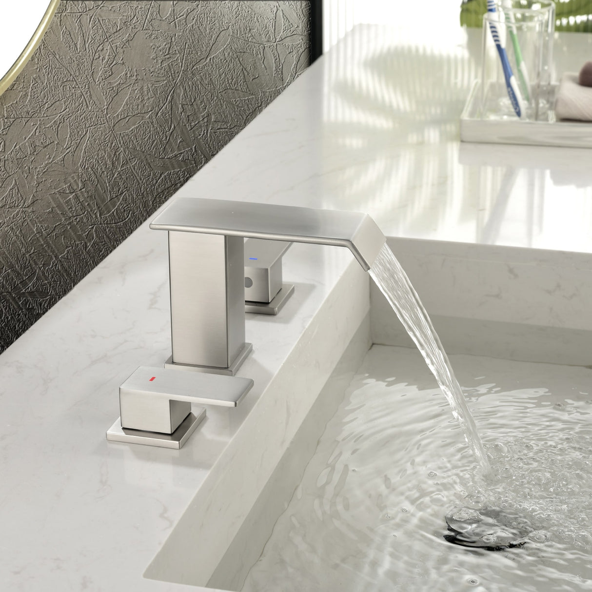 8 Inch Widespread Waterfall Bathroom Faucet with Drain Assembly Kit Modern Double Handle 3 Holes Bathroom Sink Basin Vanity Taps