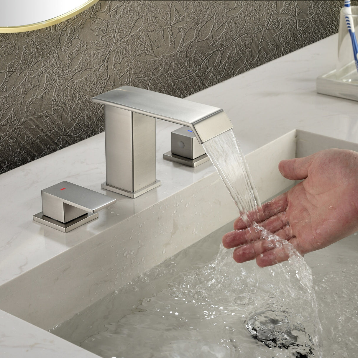 8 Inch Widespread Waterfall Bathroom Faucet with Drain Assembly Kit Modern Double Handle 3 Holes Bathroom Sink Basin Vanity Taps