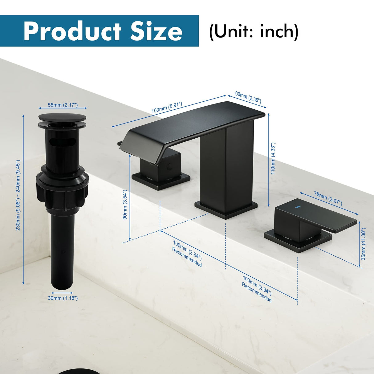 8 Inch Widespread Waterfall Bathroom Faucet with Drain Assembly Kit Modern Double Handle 3 Holes Bathroom Sink Basin Vanity Taps