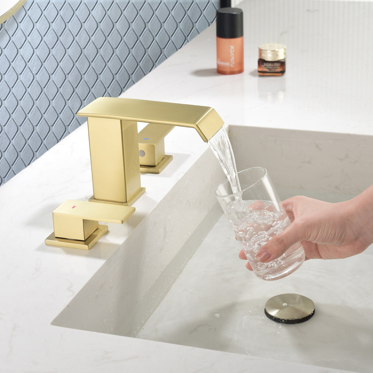 8 Inch Widespread Waterfall Bathroom Faucet with Drain Assembly Kit Modern Double Handle 3 Holes Bathroom Sink Basin Vanity Taps