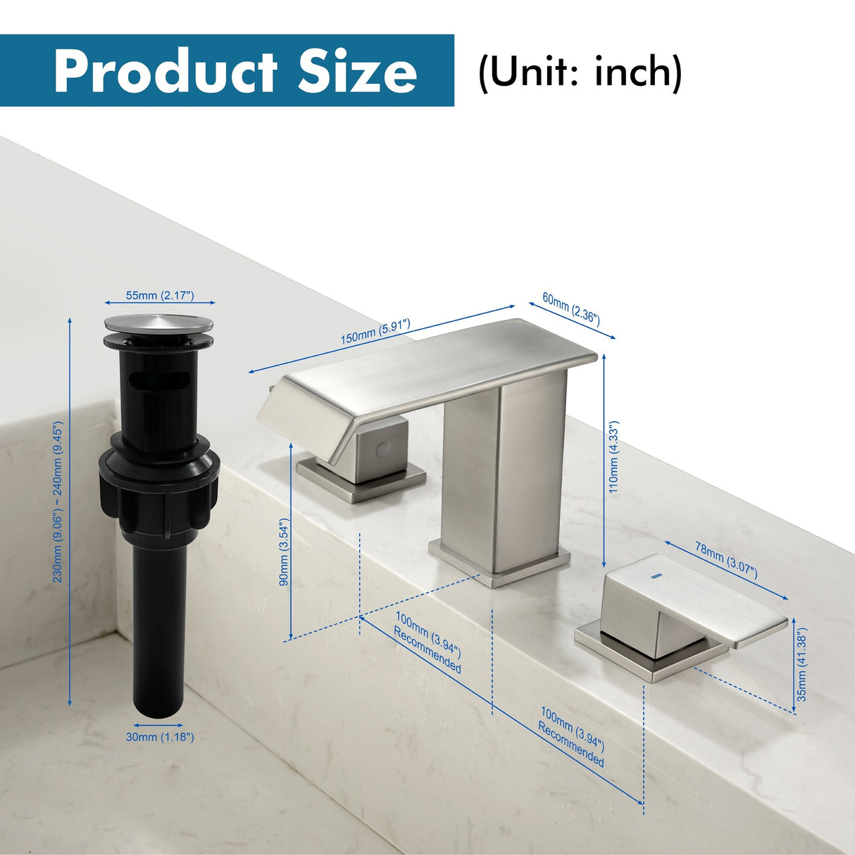 8 Inch Widespread Waterfall Bathroom Faucet with Drain Assembly Kit Modern Double Handle 3 Holes Bathroom Sink Basin Vanity Taps