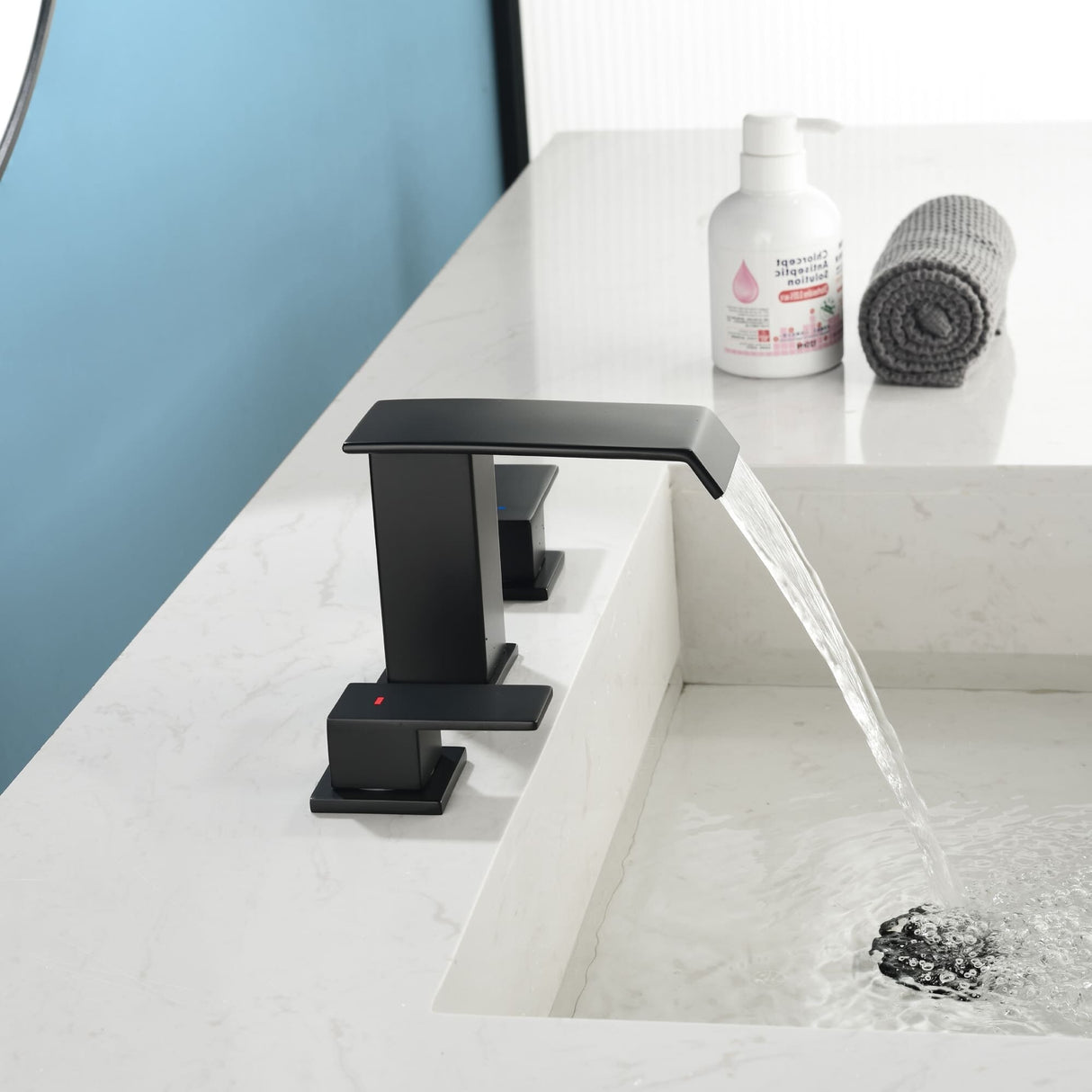 8 Inch Widespread Waterfall Bathroom Faucet with Drain Assembly Kit Modern Double Handle 3 Holes Bathroom Sink Basin Vanity Taps