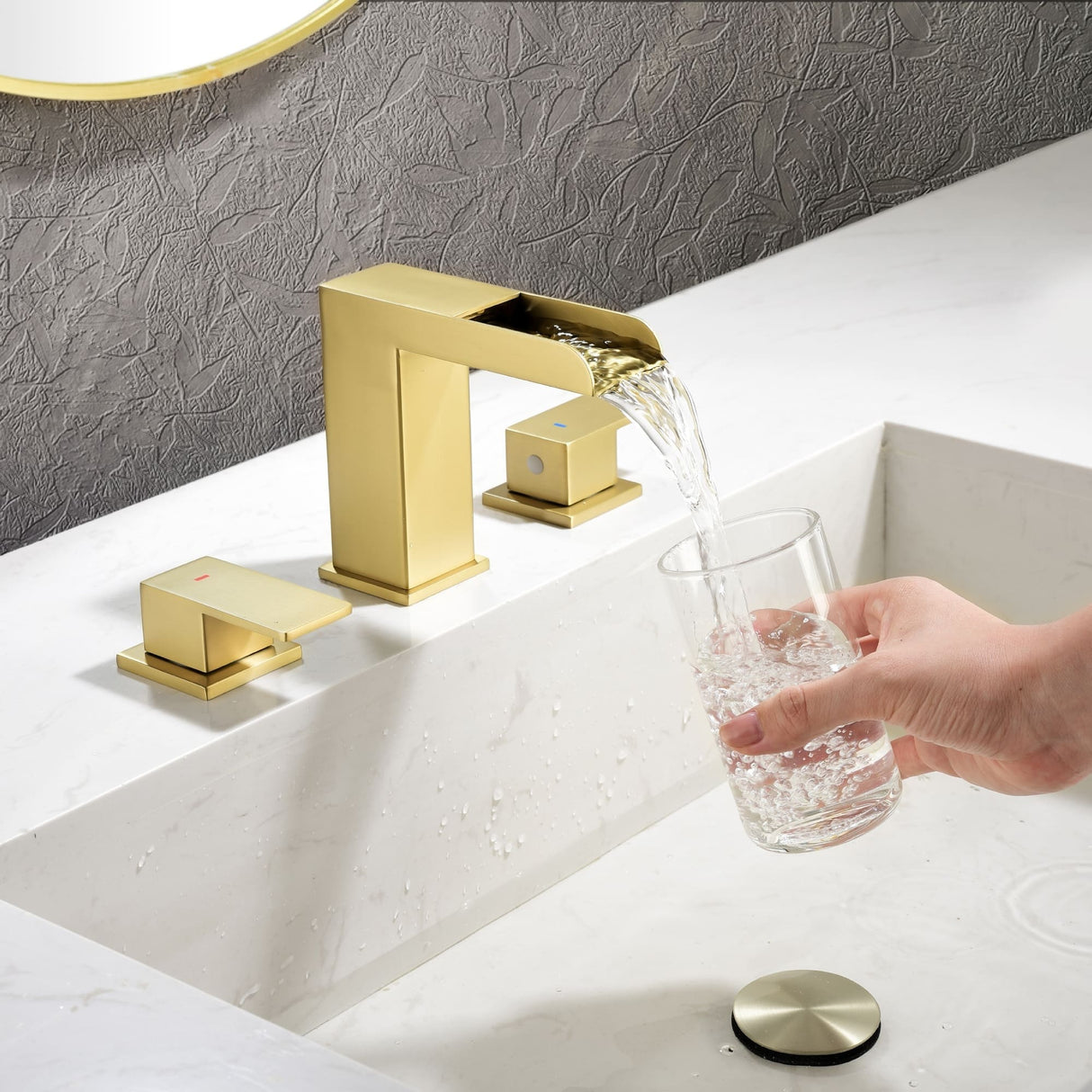 8 Inch Widespread Waterfall Bathroom Faucet with Pop-up Drain Kit Modern Double Handle 3 Holes Bathroom Sink Basin Vanity Taps