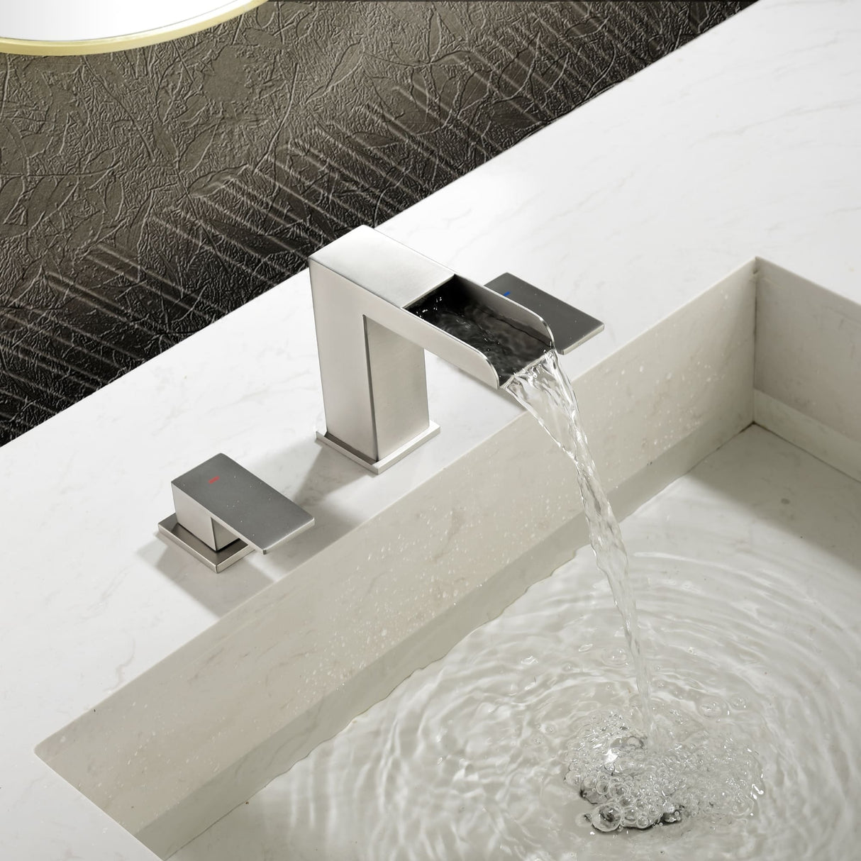 8 Inch Widespread Waterfall Bathroom Faucet with Pop-up Drain Kit Modern Double Handle 3 Holes Bathroom Sink Basin Vanity Taps