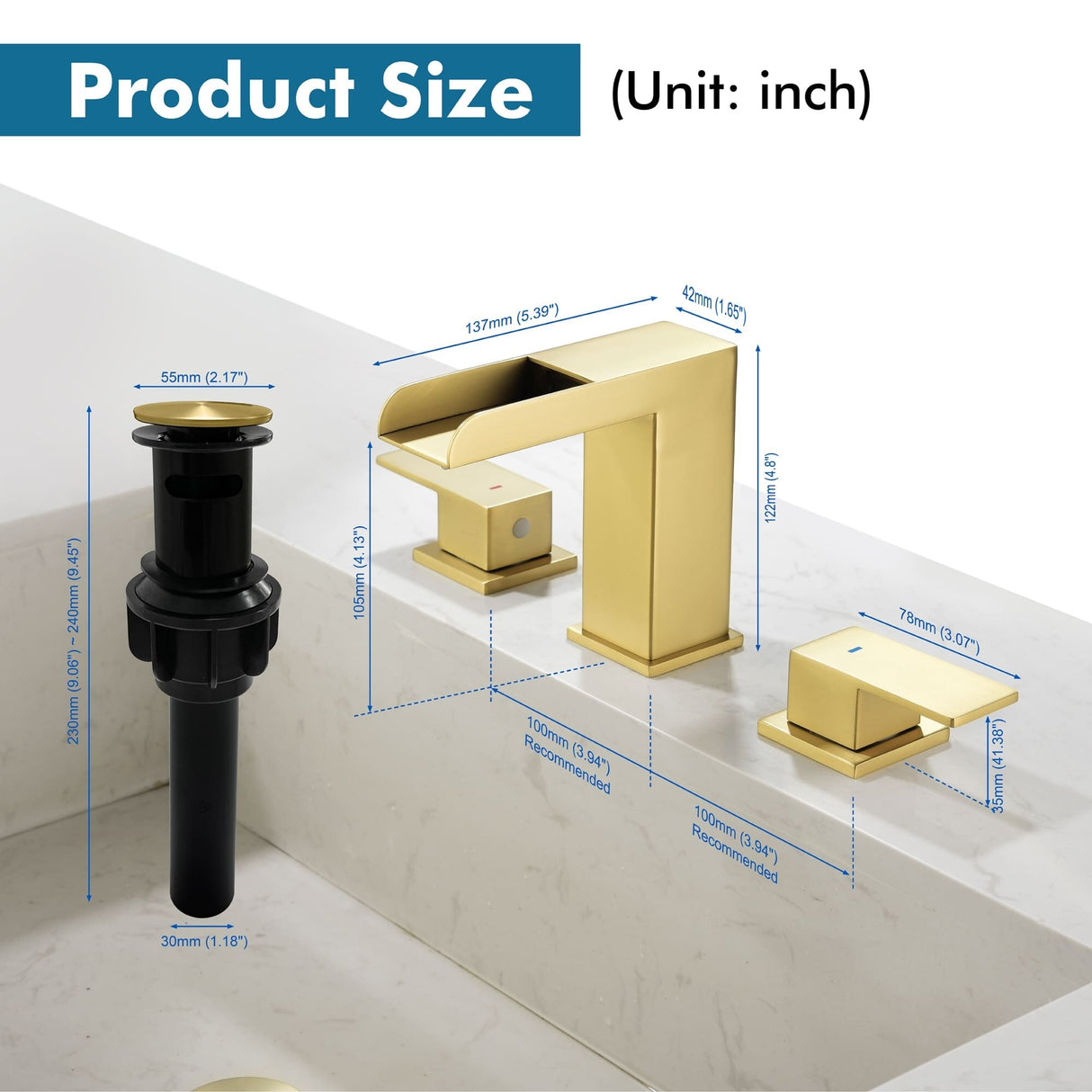 8 Inch Widespread Waterfall Bathroom Faucet with Pop-up Drain Kit Modern Double Handle 3 Holes Bathroom Sink Basin Vanity Taps