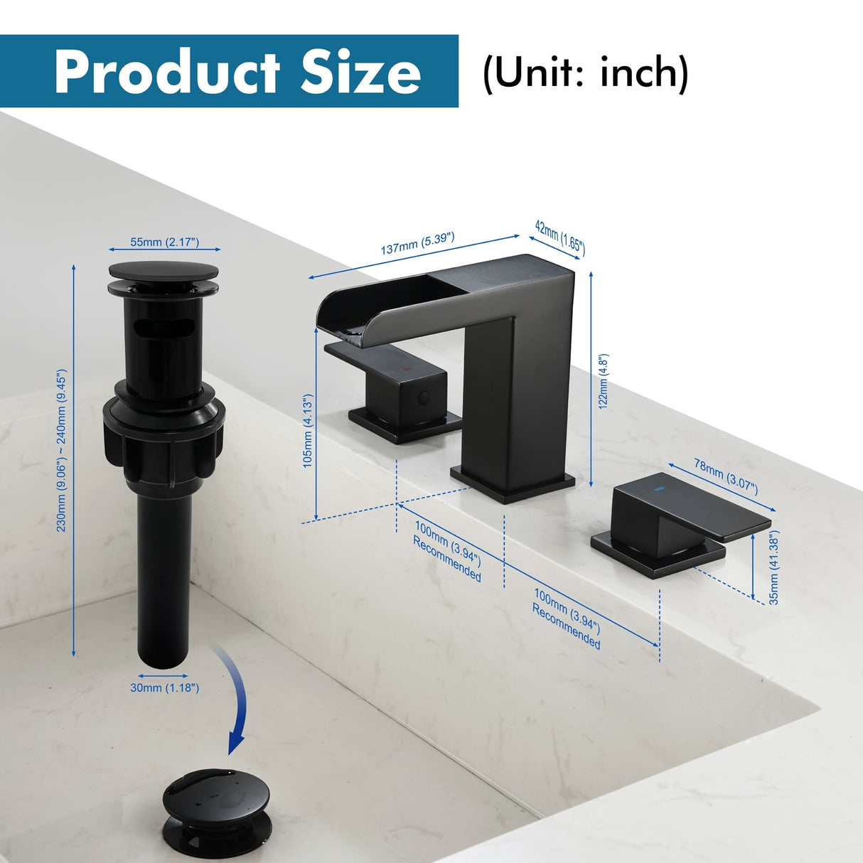 8 Inch Widespread Waterfall Bathroom Faucet with Pop-up Drain Kit Modern Double Handle 3 Holes Bathroom Sink Basin Vanity Taps