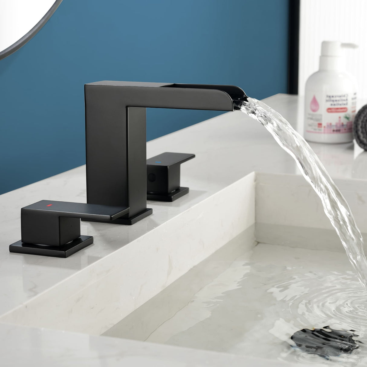 8 Inch Widespread Waterfall Bathroom Faucet with Pop-up Drain Kit Modern Double Handle 3 Holes Bathroom Sink Basin Vanity Taps