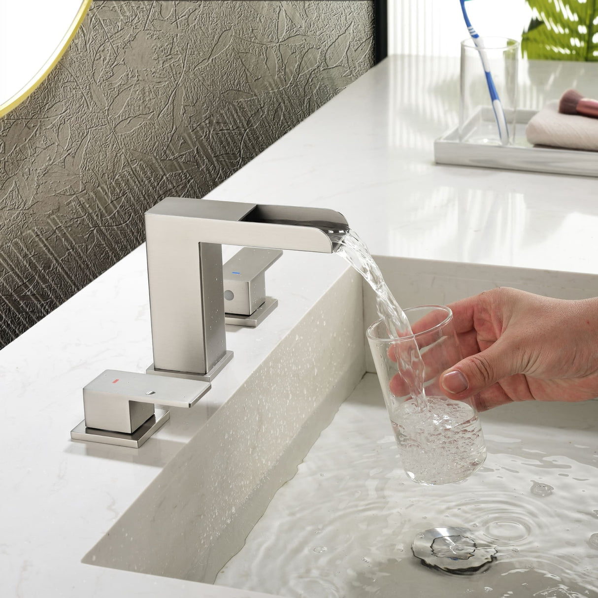 8 Inch Widespread Waterfall Bathroom Faucet with Pop-up Drain Kit Modern Double Handle 3 Holes Bathroom Sink Basin Vanity Taps