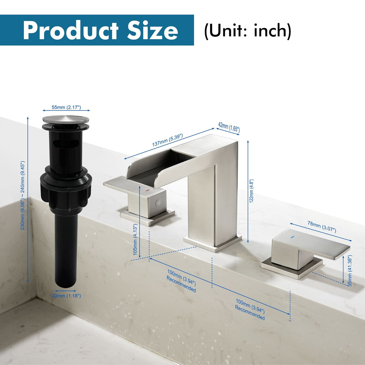 8 Inch Widespread Waterfall Bathroom Faucet with Pop-up Drain Kit Modern Double Handle 3 Holes Bathroom Sink Basin Vanity Taps