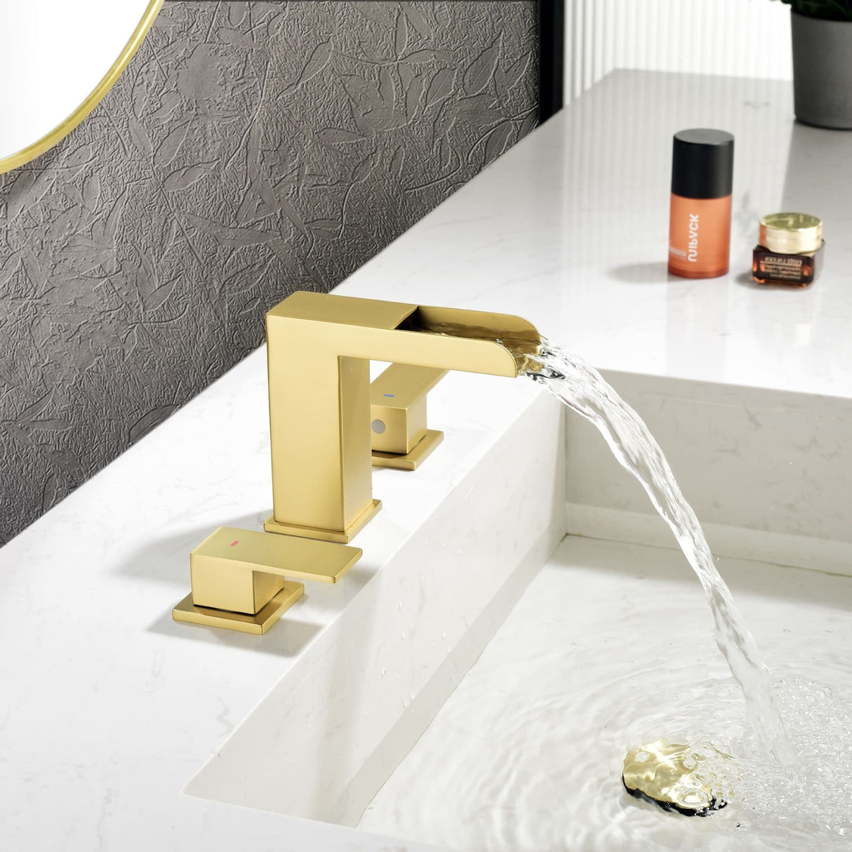 8 Inch Widespread Waterfall Bathroom Faucet with Pop-up Drain Kit Modern Double Handle 3 Holes Bathroom Sink Basin Vanity Taps