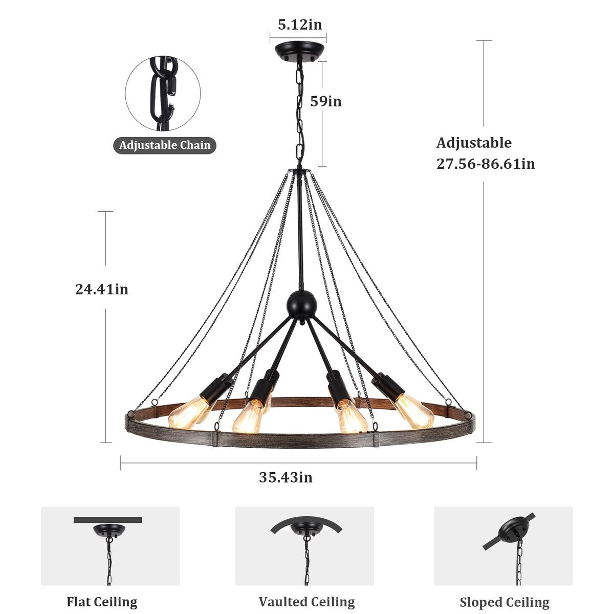 8-Light Sputnik Sphere Chandelier, Farmhouse Wagon Wheel Chandelier for Dining Living Room - 35.43'' D x 24.41'' H