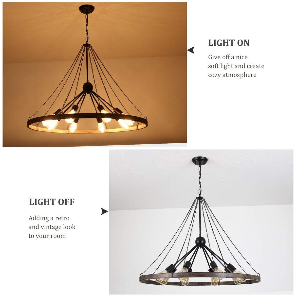 8-Light Sputnik Sphere Chandelier, Farmhouse Wagon Wheel Chandelier for Dining Living Room - 35.43'' D x 24.41'' H