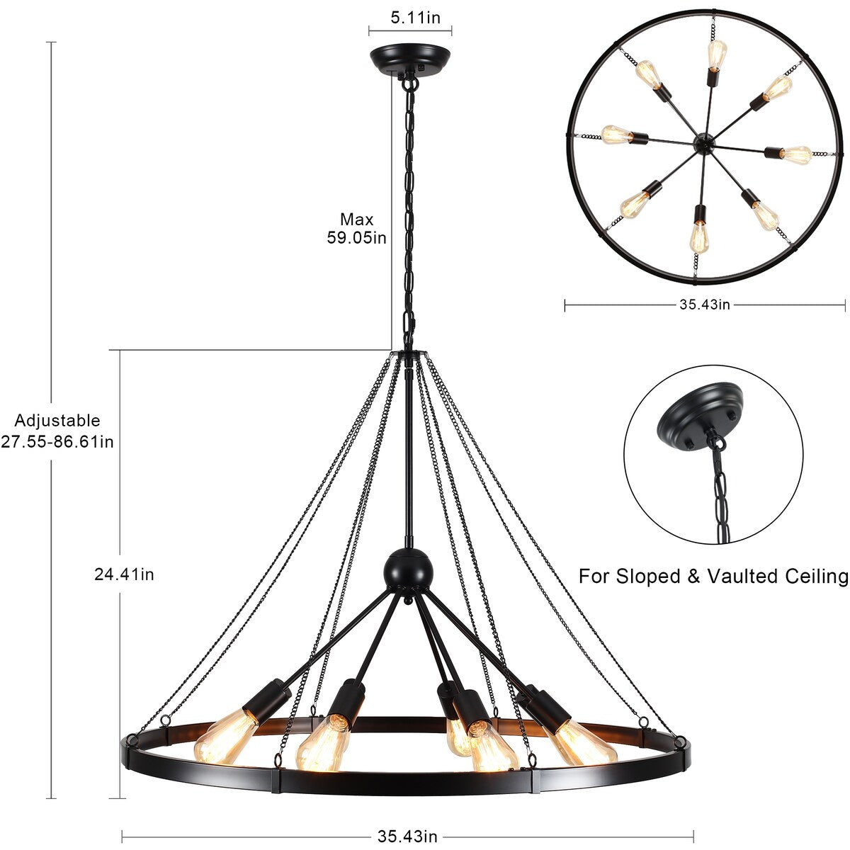 8-Light Sputnik Sphere Chandelier, Farmhouse Wagon Wheel Chandelier for Dining Living Room - 35.43'' D x 24.41'' H