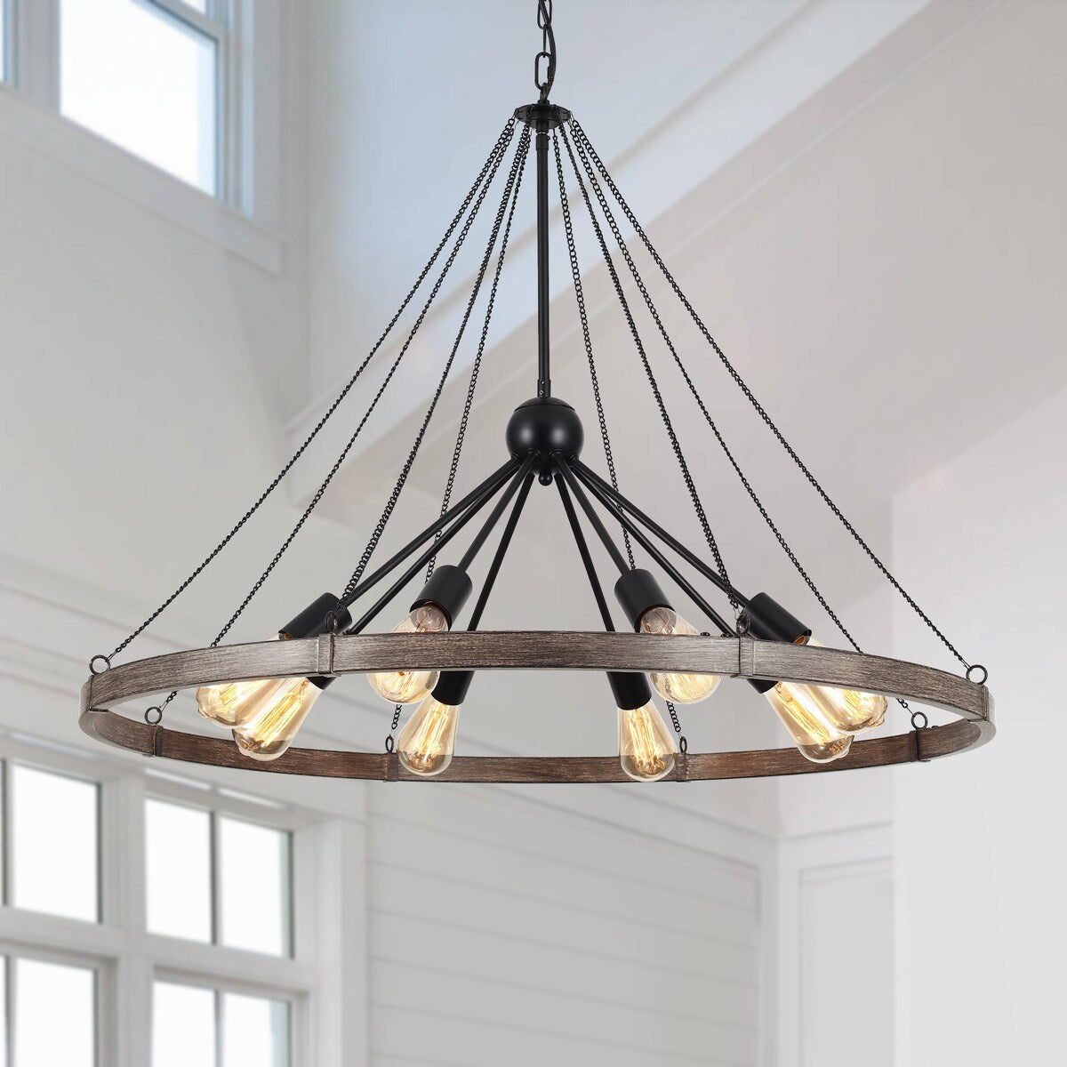 8-Light Sputnik Sphere Chandelier, Farmhouse Wagon Wheel Chandelier for Dining Living Room - 35.43'' D x 24.41'' H