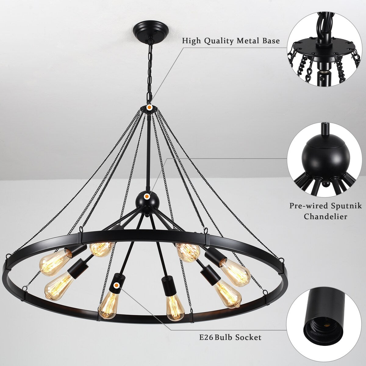 8-Light Sputnik Sphere Chandelier, Farmhouse Wagon Wheel Chandelier for Dining Living Room - 35.43'' D x 24.41'' H