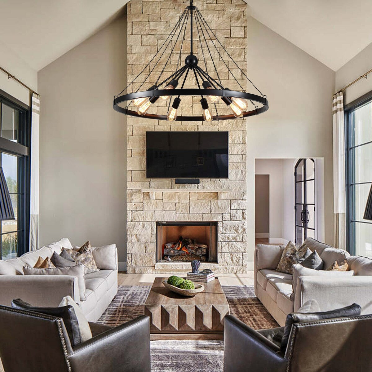 8-Light Sputnik Sphere Chandelier, Farmhouse Wagon Wheel Chandelier for Dining Living Room - 35.43'' D x 24.41'' H