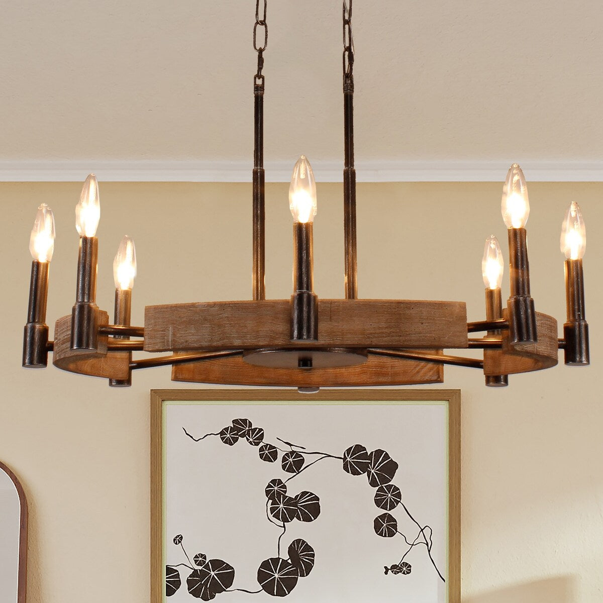 8 Light Wood Chandelier with Adjustable Steel Chains, 1 Tier Kitchen Islands Light , Living Room Lighting