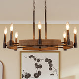8 Light Wood Chandelier with Adjustable Steel Chains, 1 Tier Kitchen Islands Light , Living Room Lighting