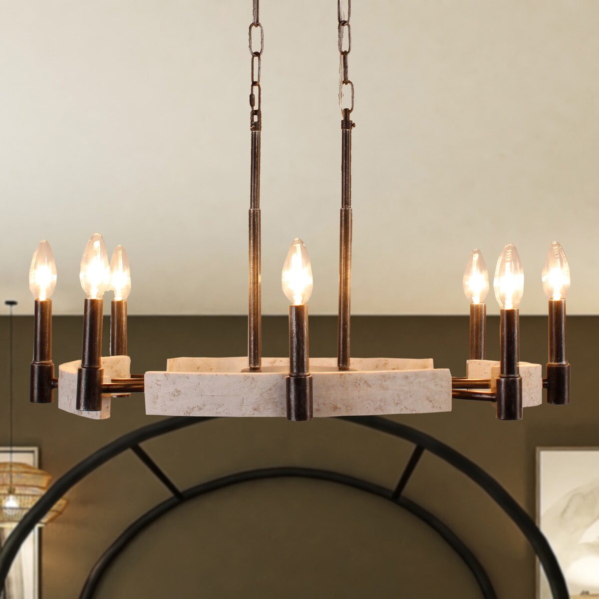 8 Light Wood Chandelier with Adjustable Steel Chains, 1 Tier Kitchen Islands Light , Living Room Lighting