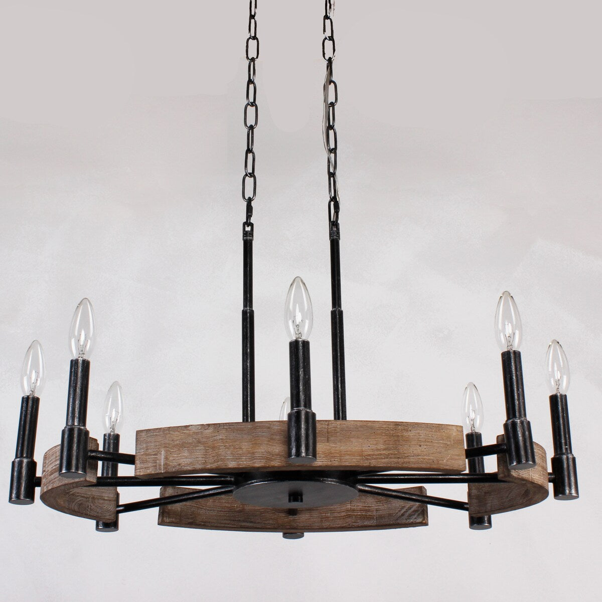 8 Light Wood Chandelier with Adjustable Steel Chains, 1 Tier Kitchen Islands Light , Living Room Lighting