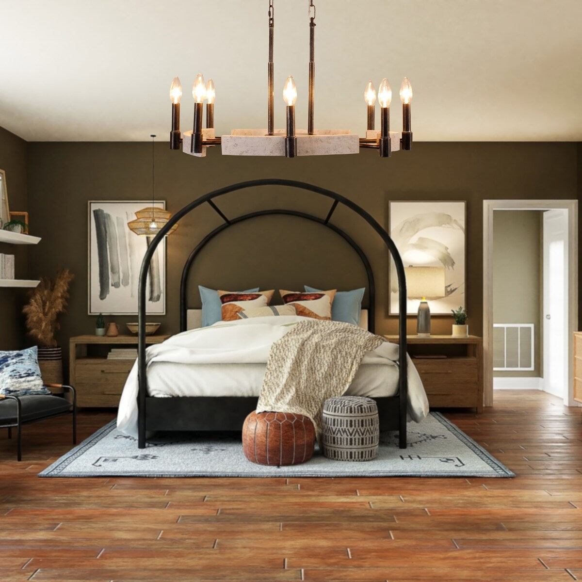 8 Light Wood Chandelier with Adjustable Steel Chains, 1 Tier Kitchen Islands Light , Living Room Lighting