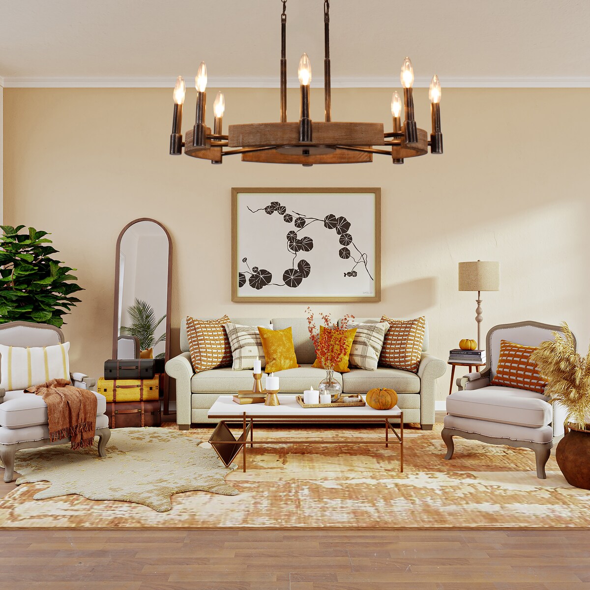 8 Light Wood Chandelier with Adjustable Steel Chains, 1 Tier Kitchen Islands Light , Living Room Lighting