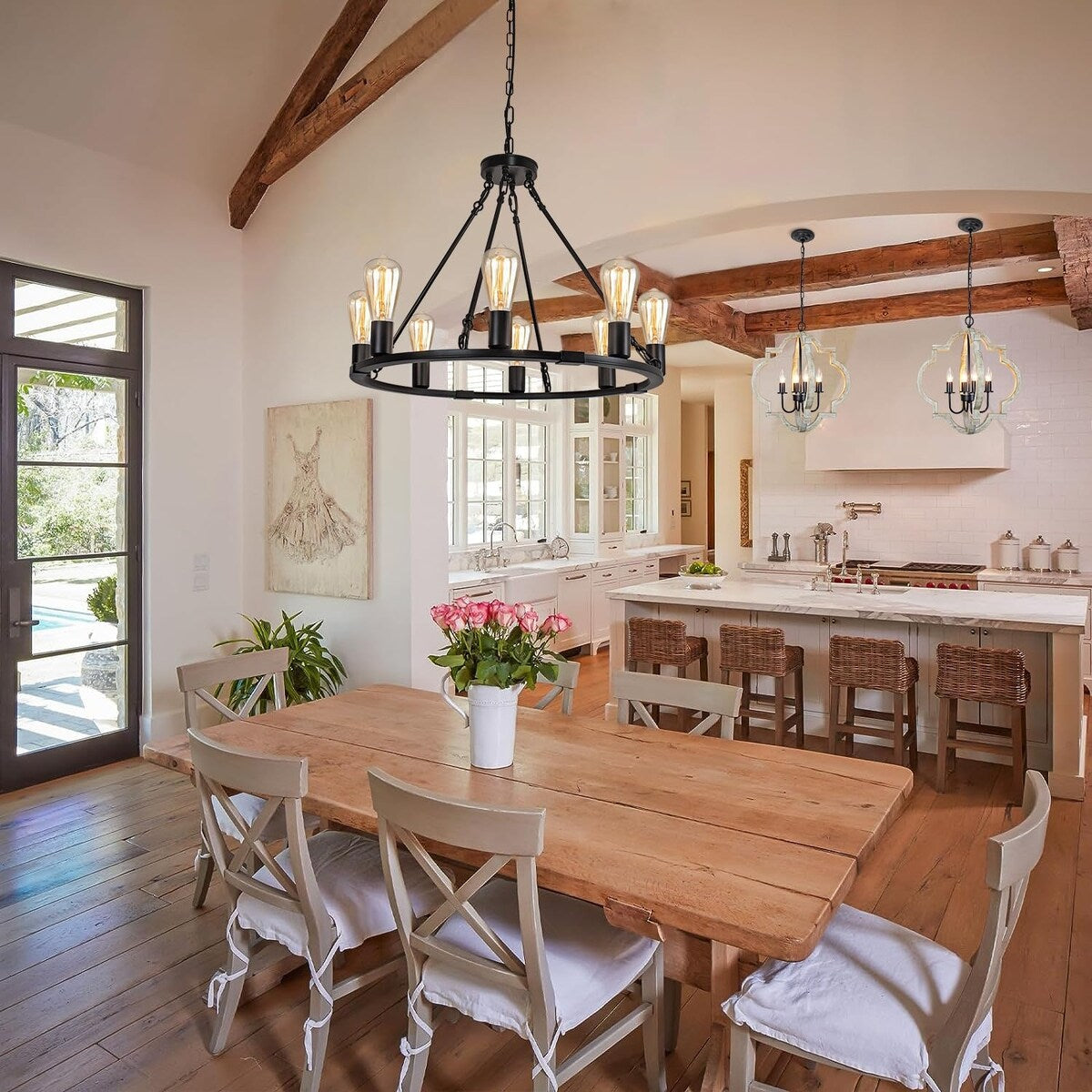 8 Lights 23.6'' Wagon Wheel Chandelier, Farmhouse Chandelier, Rustic Vintage Round Farmhouse Pendant Lighting