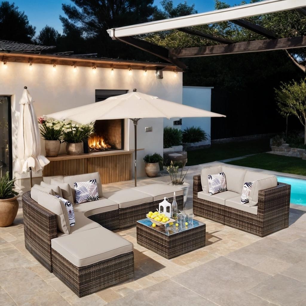 8-Piece Outdoor Rattan Wicker Conversation Sofa Set with Colorful Pillows, Patio Sofa Set with Cushion for Garden, Deck, Beige
