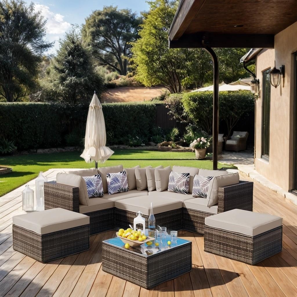 8-Piece Outdoor Rattan Wicker Conversation Sofa Set with Colorful Pillows, Patio Sofa Set with Cushion for Garden, Deck, Beige