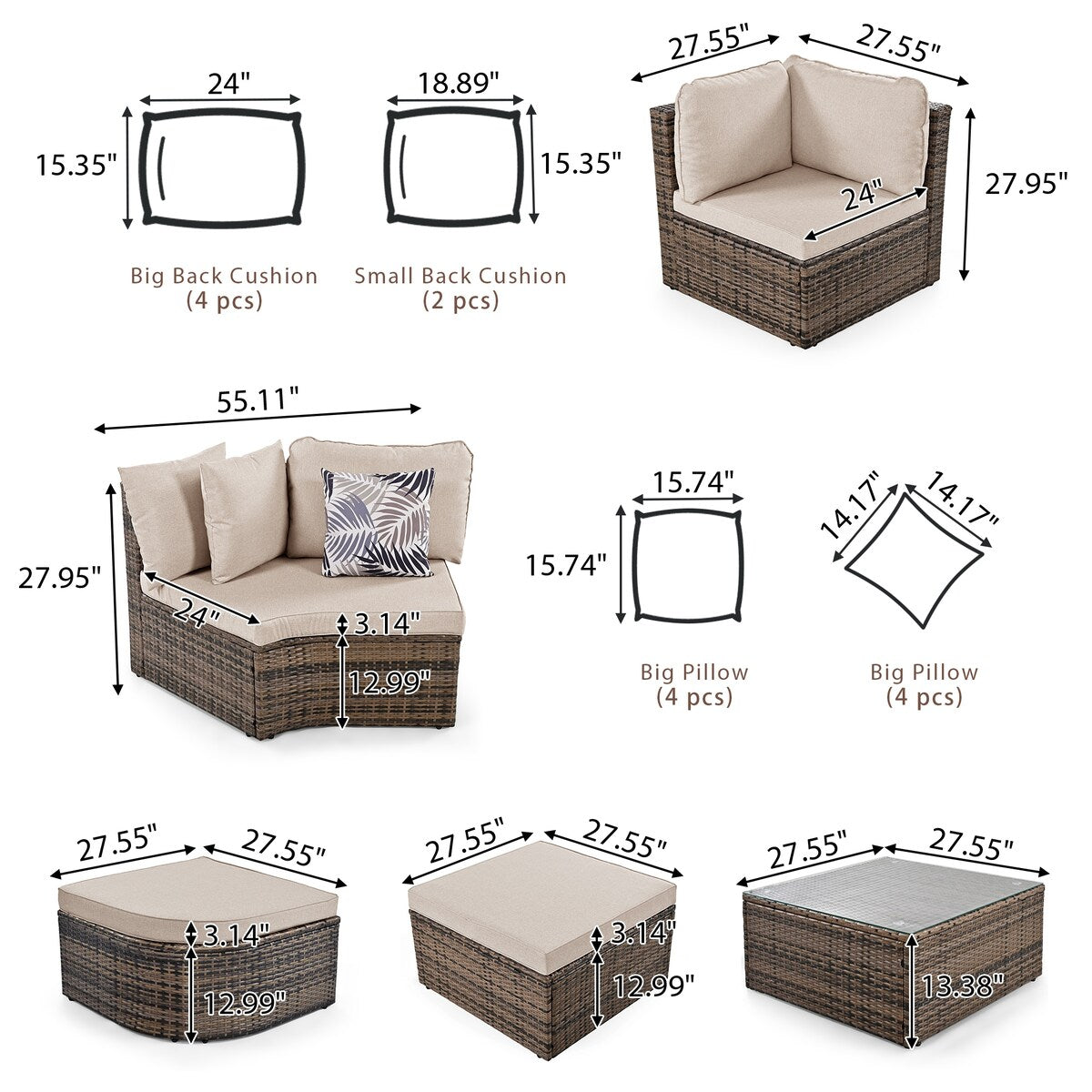 8-Piece Outdoor Rattan Wicker Conversation Sofa Set with Colorful Pillows, Patio Sofa Set with Cushion for Garden, Deck, Beige