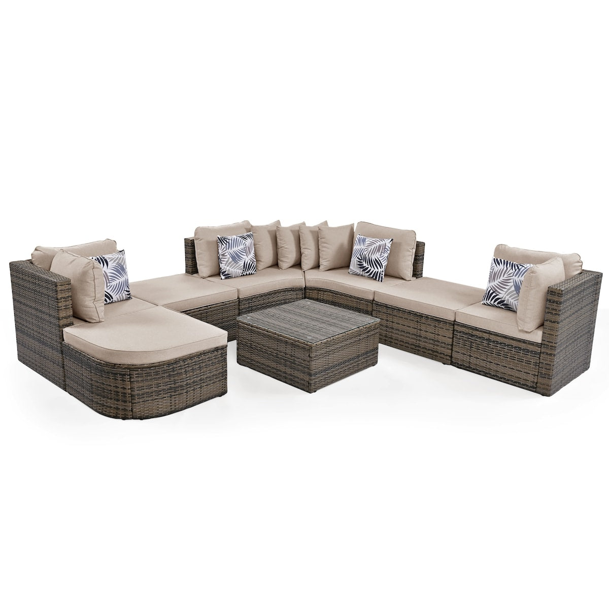 8-Piece Outdoor Rattan Wicker Conversation Sofa Set with Colorful Pillows, Patio Sofa Set with Cushion for Garden, Deck, Beige