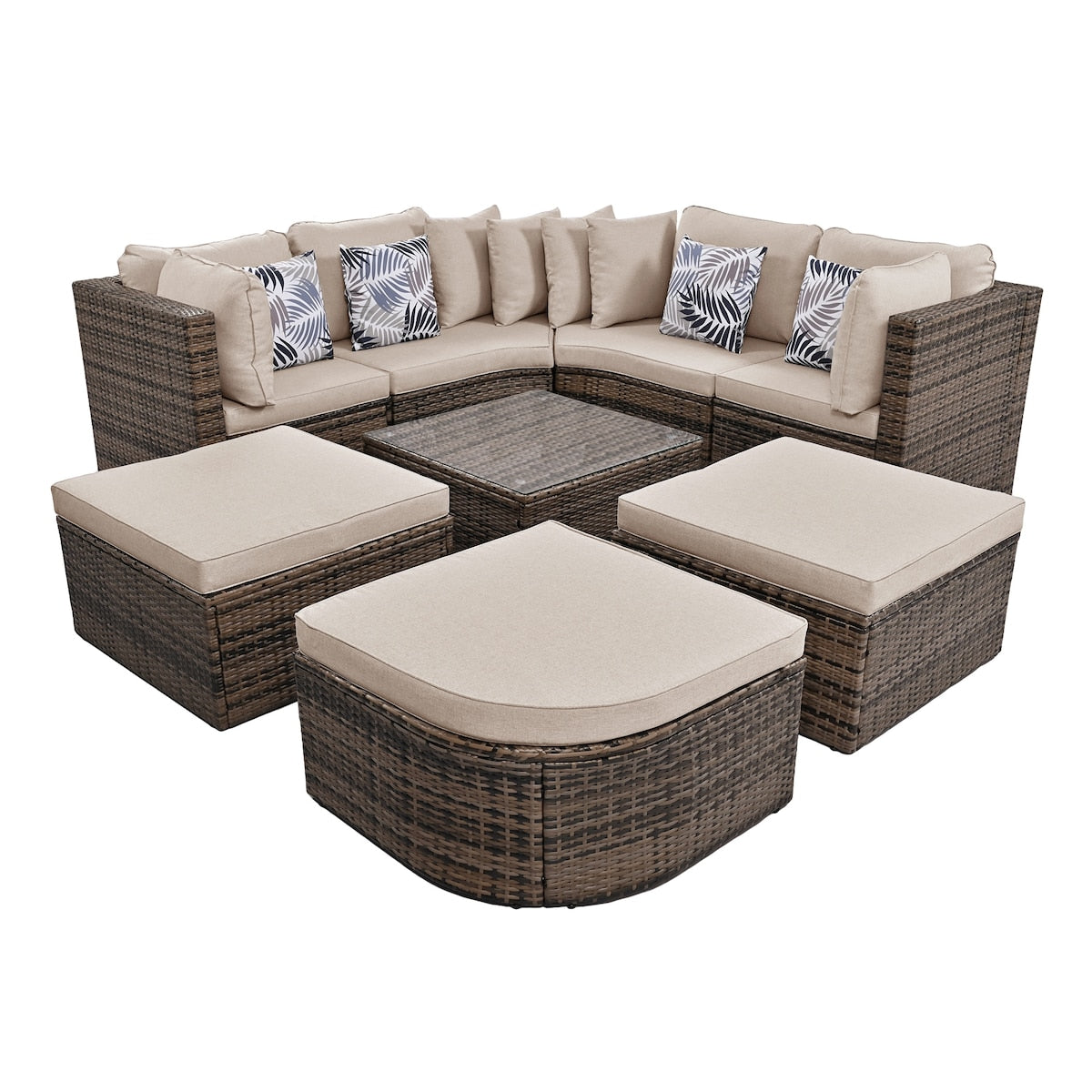8-Piece Outdoor Rattan Wicker Conversation Sofa Set with Colorful Pillows, Patio Sofa Set with Cushion for Garden, Deck, Beige