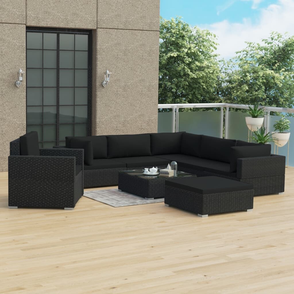 8 Piece Patio Lounge Set with Cushions Poly Rattan Black