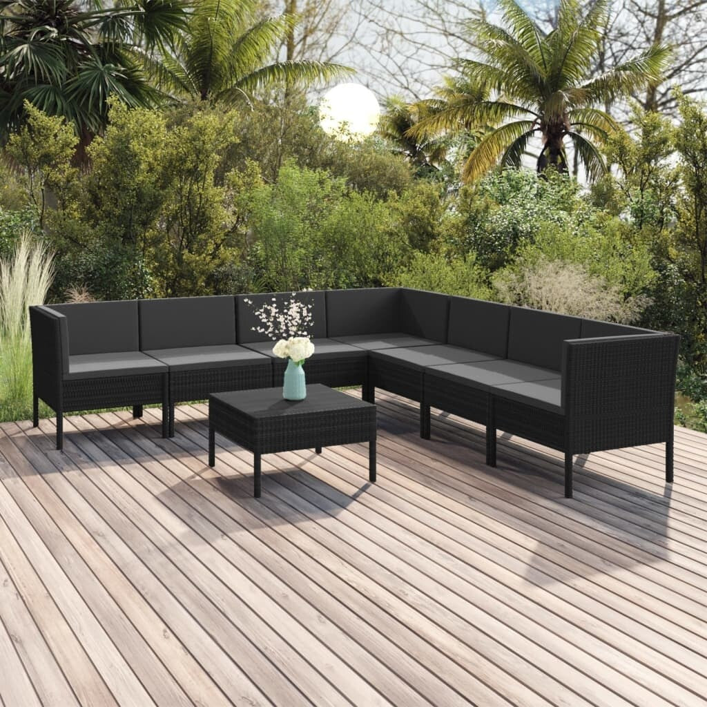 8 Piece Patio Lounge Set with Cushions Poly Rattan Black