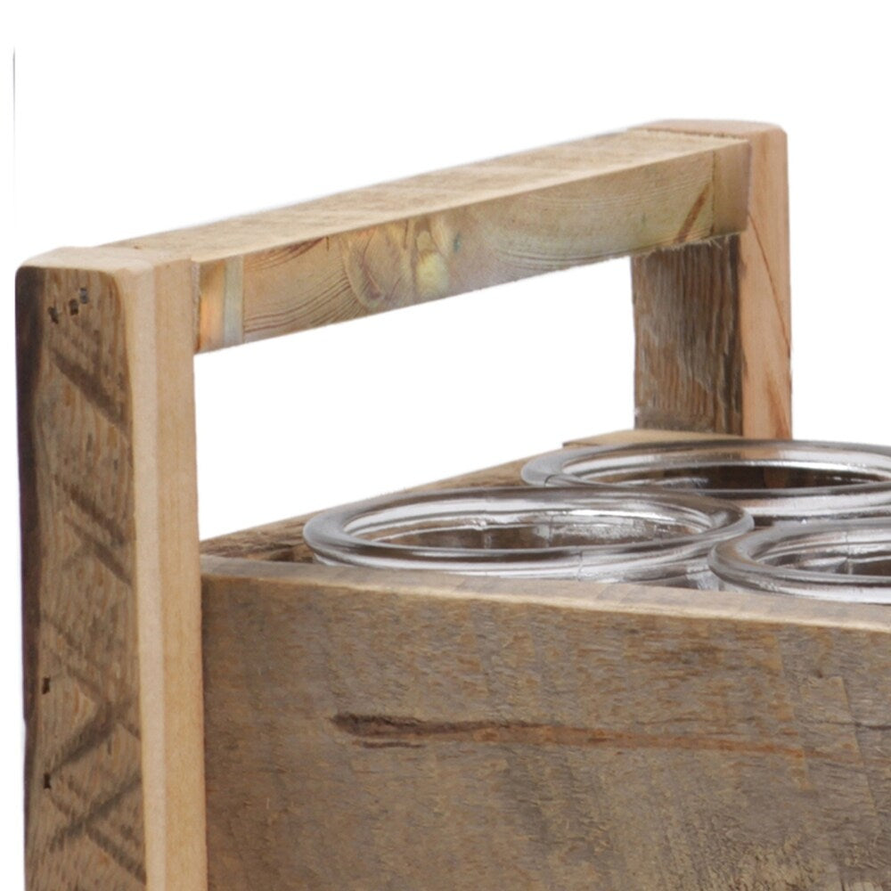 8 Pieces Round Glass Jar with Rectangular Wooden Tray, Brown and Clear