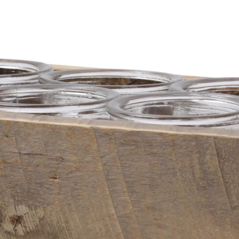 8 Pieces Round Glass Jar with Rectangular Wooden Tray, Brown and Clear