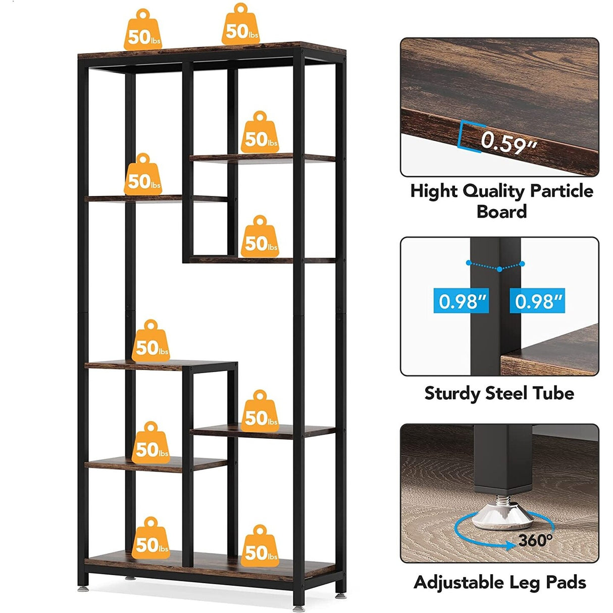 Industrial 8-Shelf Tall Bookshelf Bookcase