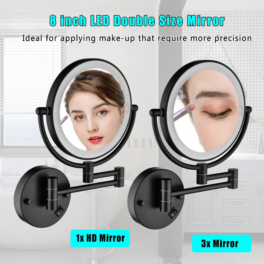8 in. Round Framed Swing Arm Wall Mounted LED Bathroom Makeup Mirror