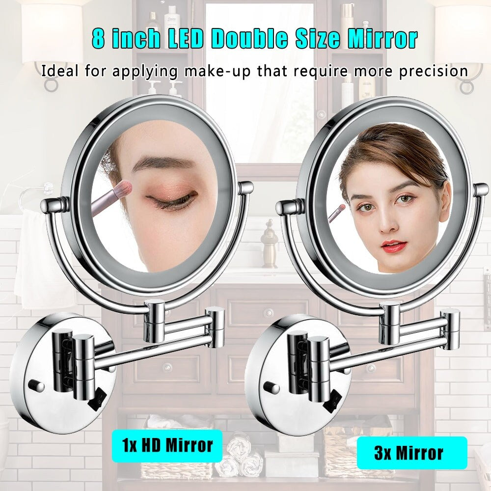 8 in. Round Framed Swing Arm Wall Mounted LED Bathroom Makeup Mirror