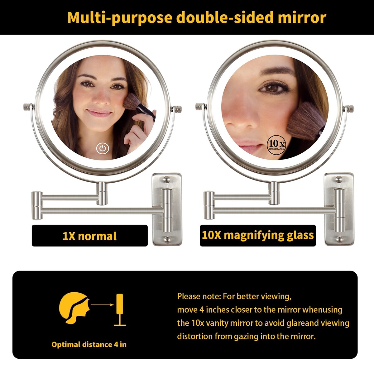 8 inch Double-Sided Wall Mounted 10X LED Magnifying Bathroom Mirror
