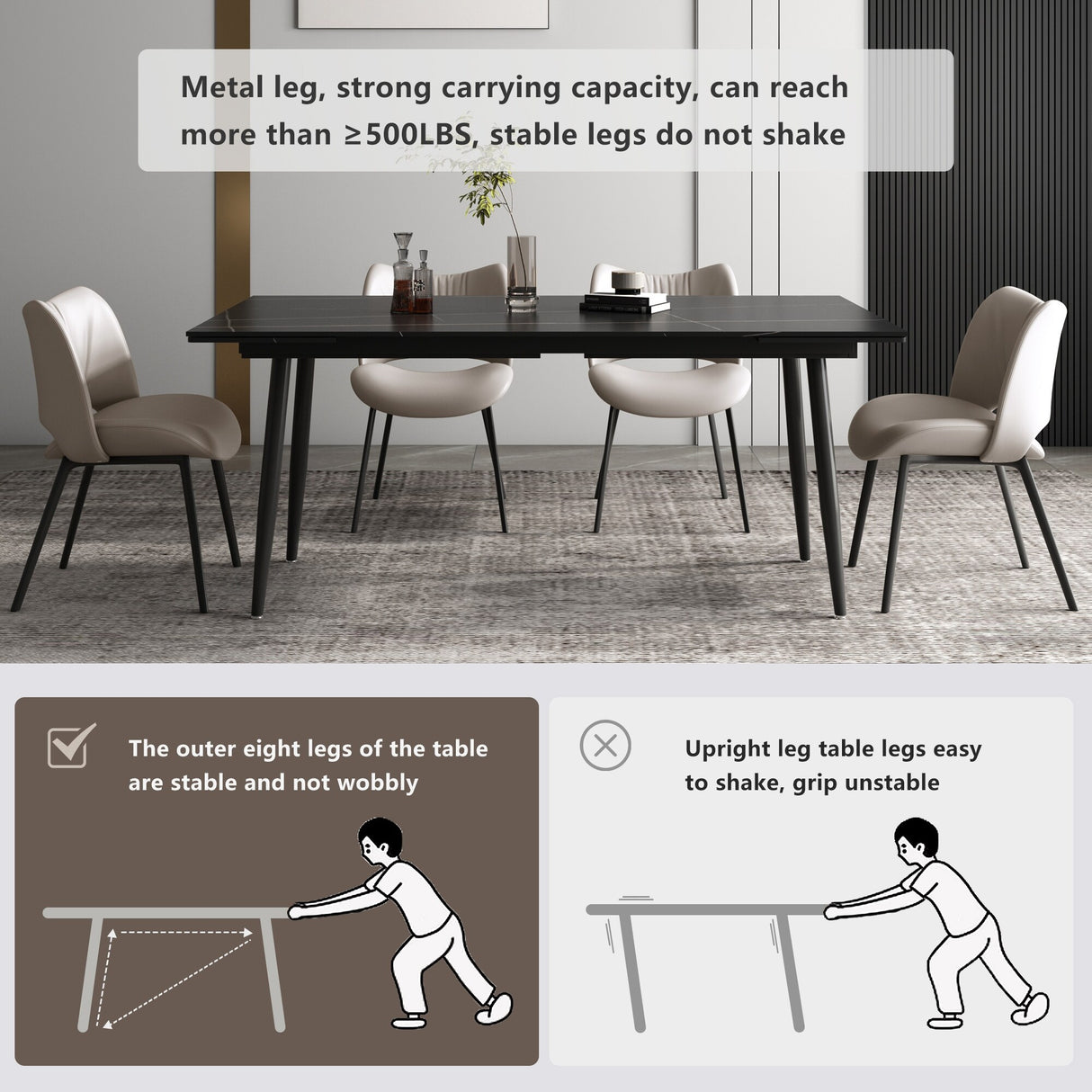 9 Piece 62.9 inch to 94.4 inch Extendable Dining Table Set with Sintered Stone Top 8 Chairs